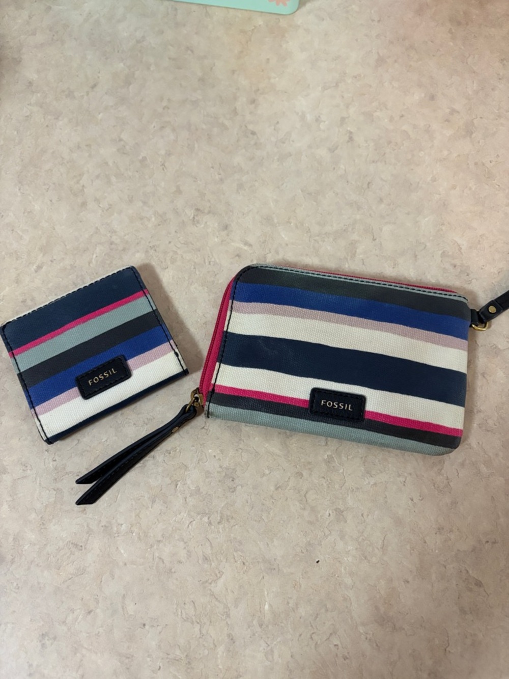 Fossil Navy, Pink & White Striped Wristlet and Card Wallet Set